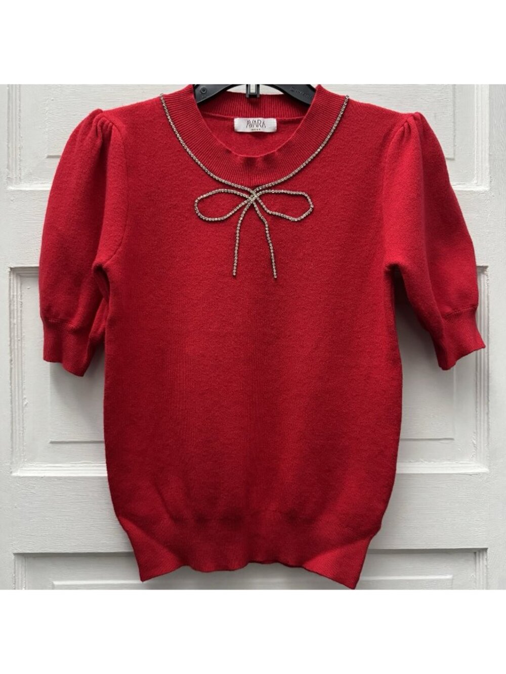 Avara Red Rhinestone Bow Sweater Top Puff Sleeve Knit Womens Medium